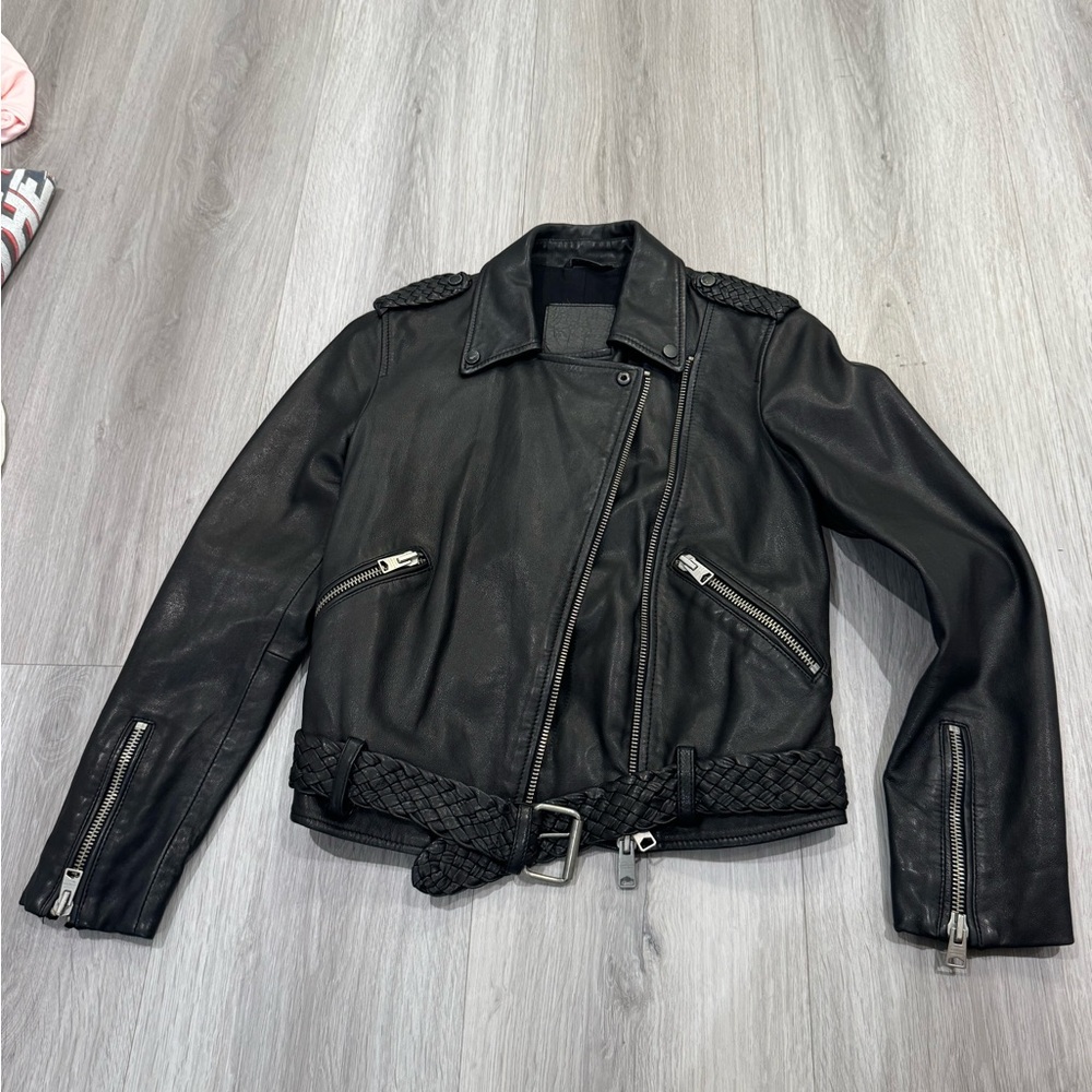 All Saints Black Leather Moto Jacket with Asymmetrical Zipper